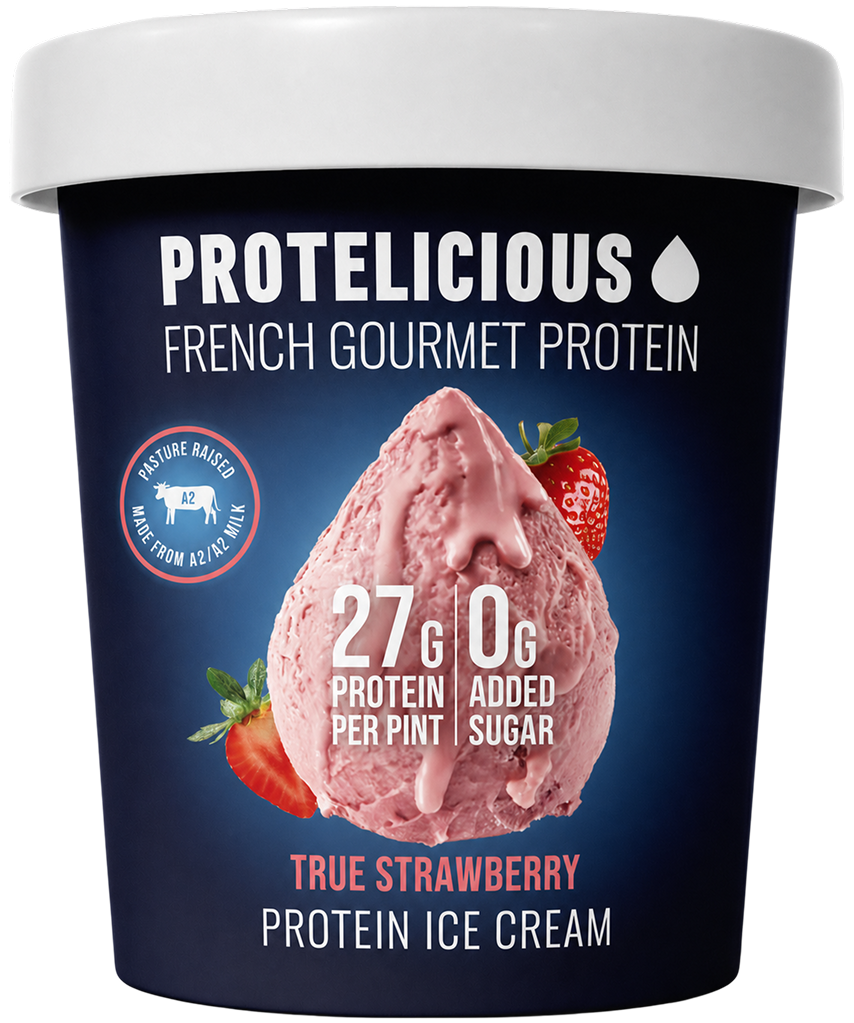 Protelicious True Strawberry protein ice cream, open pint with scoops