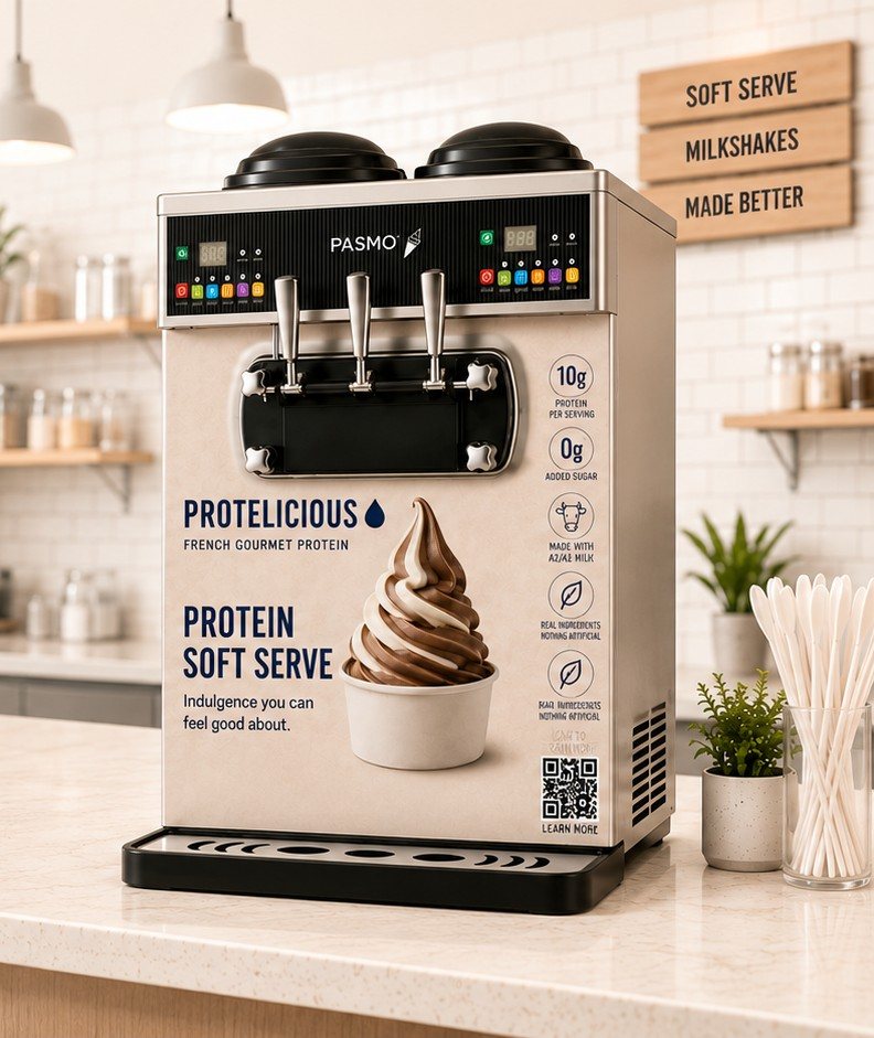 Protelicious protein soft serve machine on a café counter