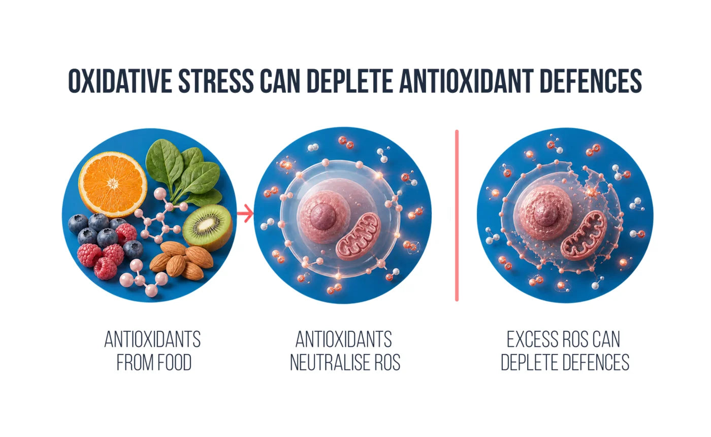 Diagram: oxidative stress can deplete antioxidant defences