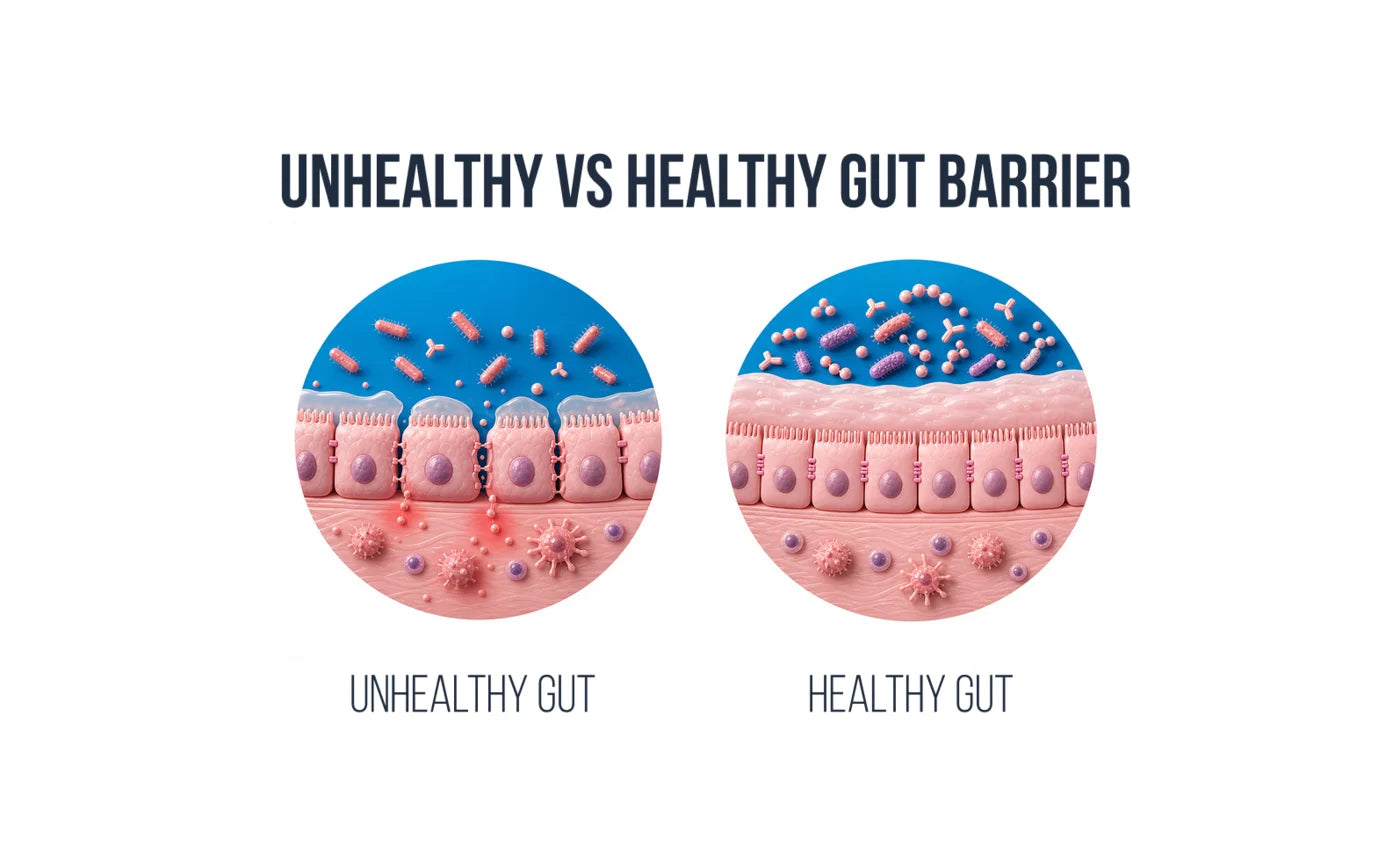 Diagram: unhealthy versus healthy gut barrier