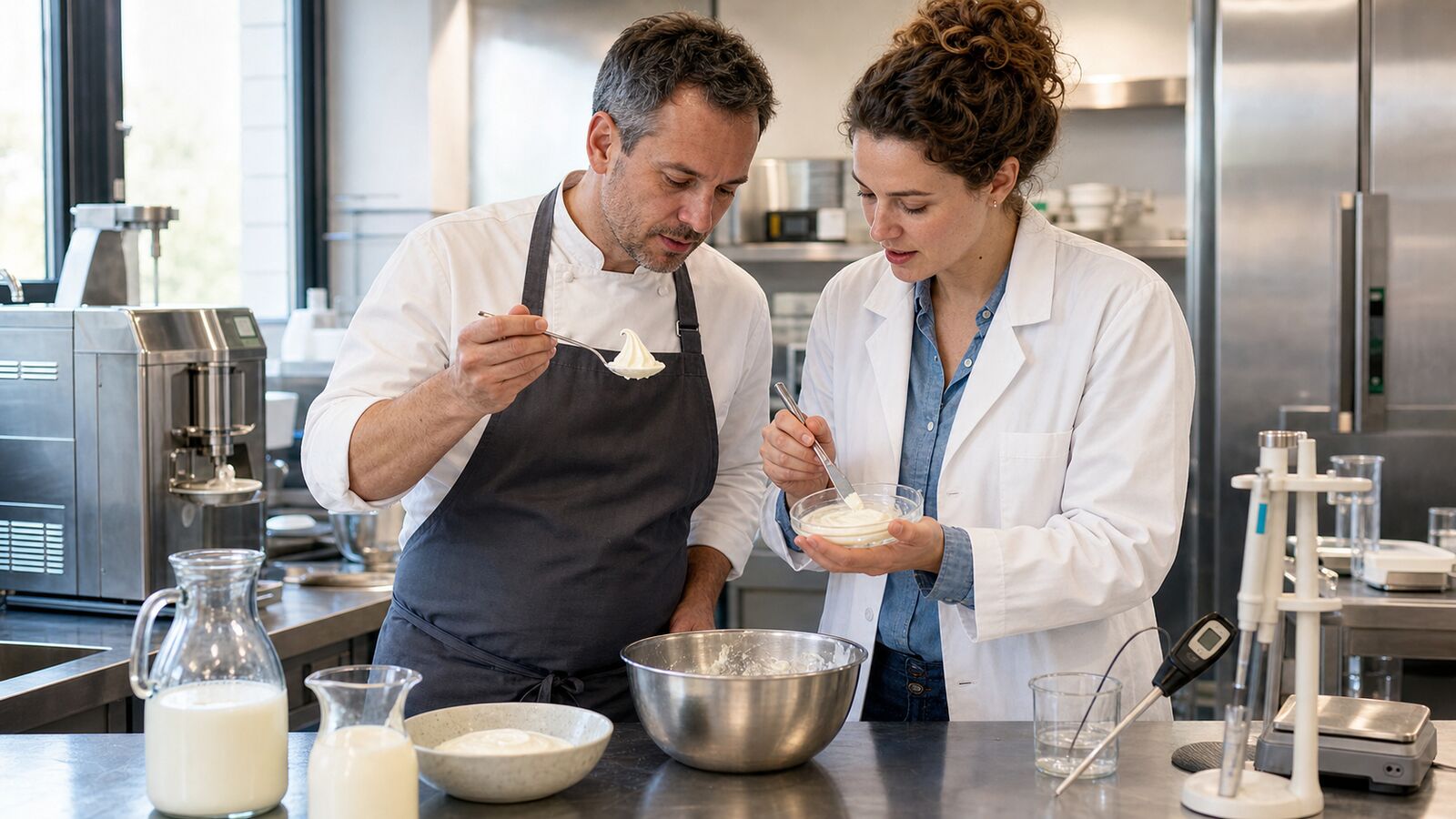 Chef and food scientist testing soft serve in an innovation kitchen