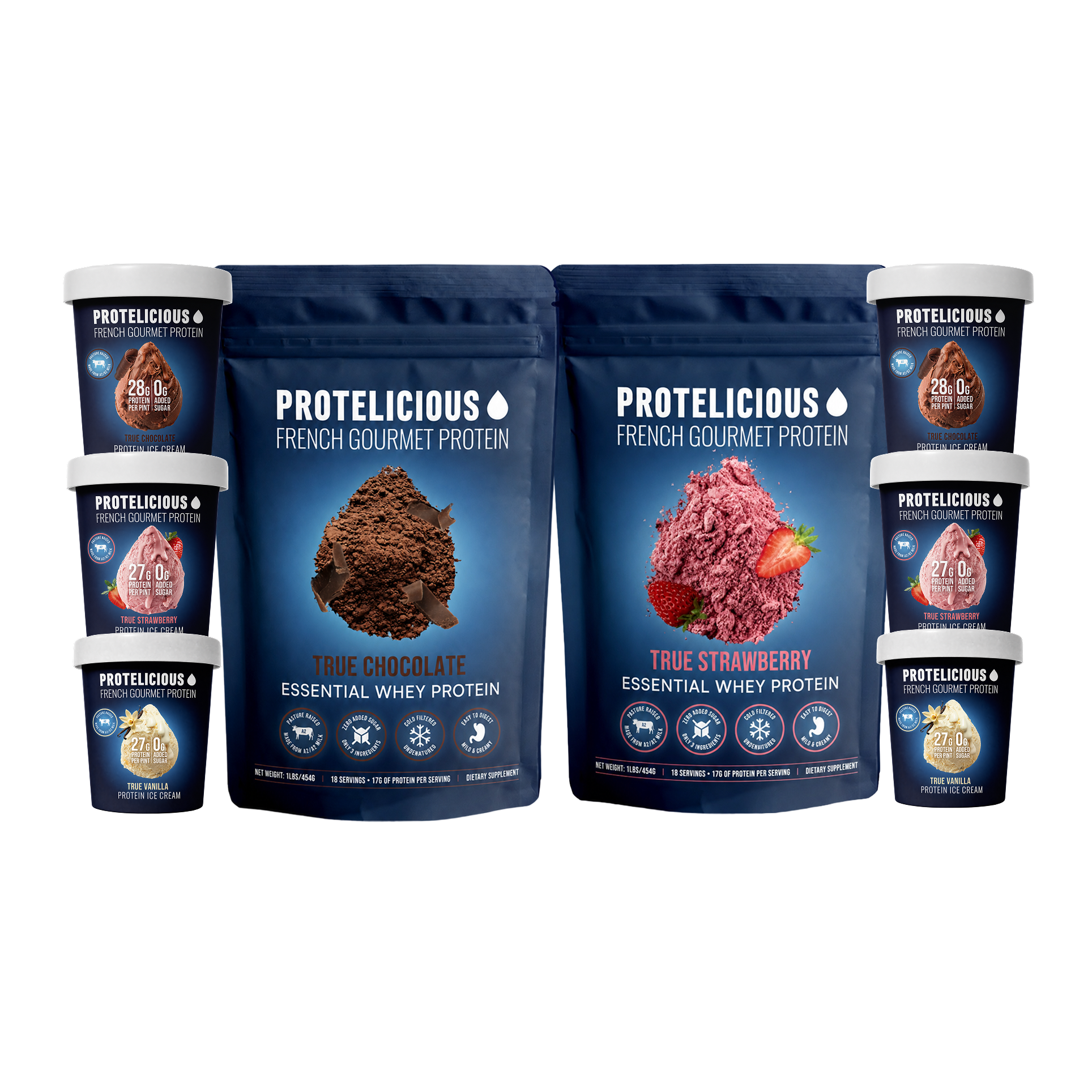 Protelicious duo: two whey pouches and six protein ice cream pints