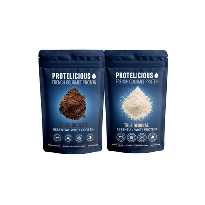 Protelicious whey protein trio: chocolate, strawberry, original