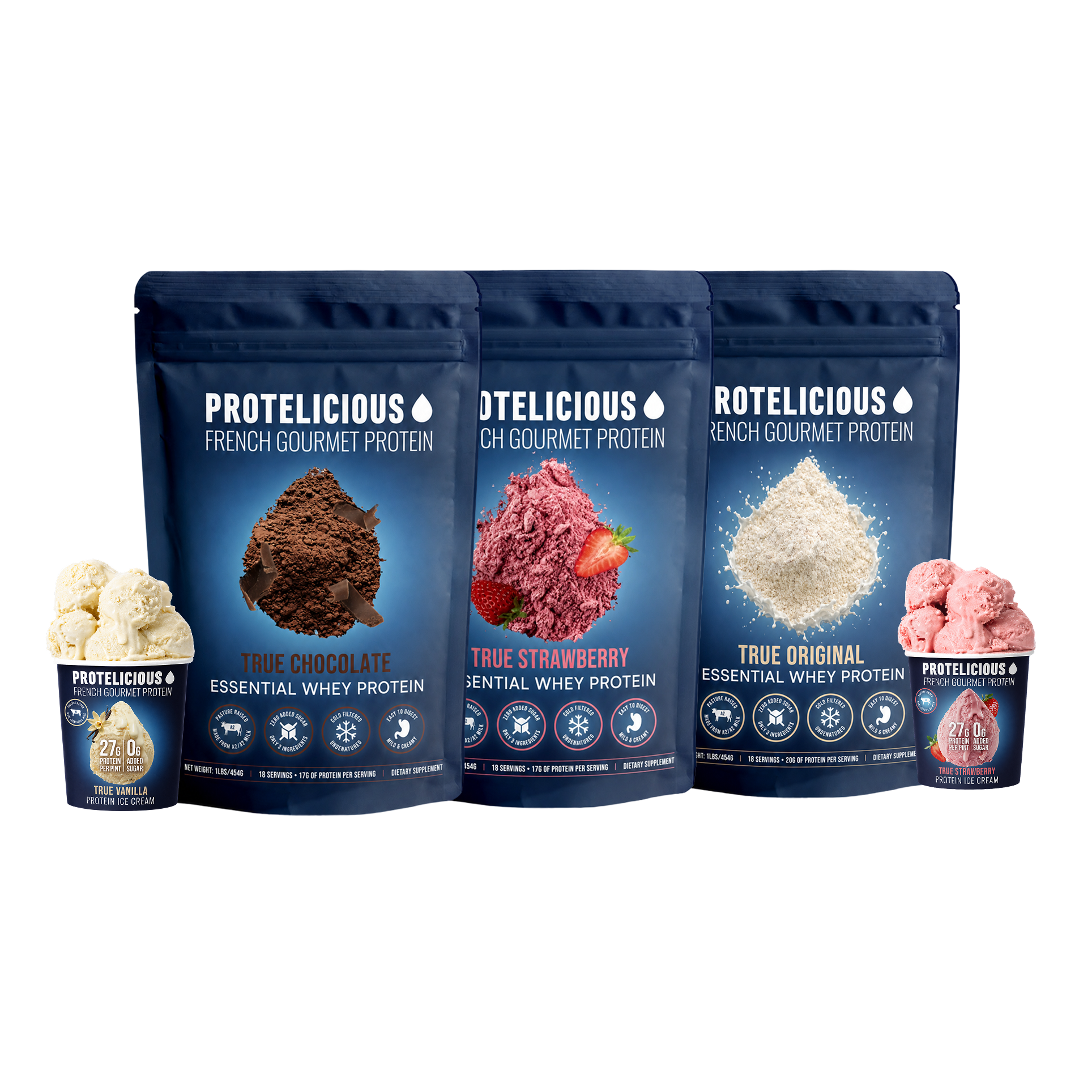 Protelicious bundle: three whey pouches and two ice cream pints