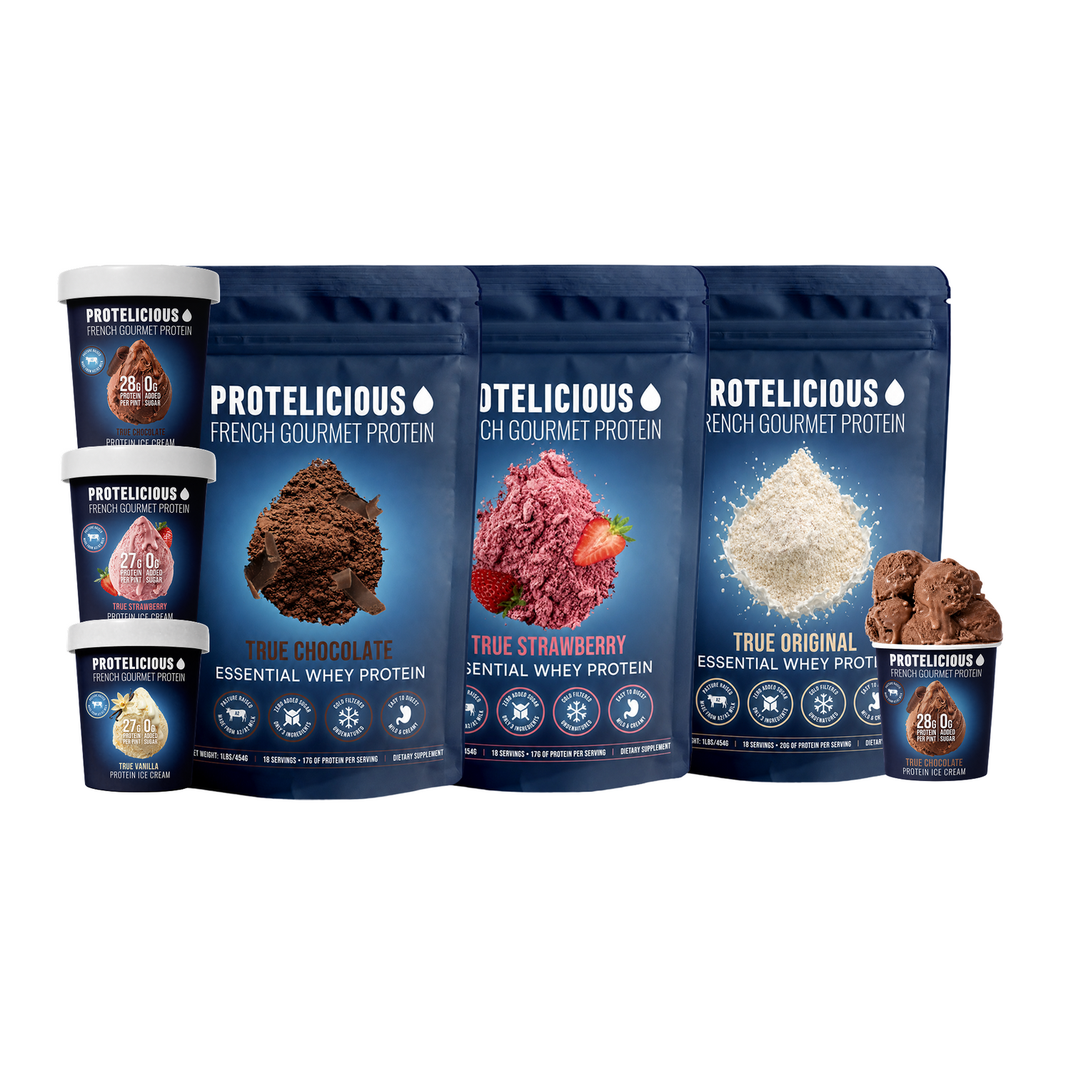 Protelicious GLP-1 bundle: three whey pouches and four ice cream pints