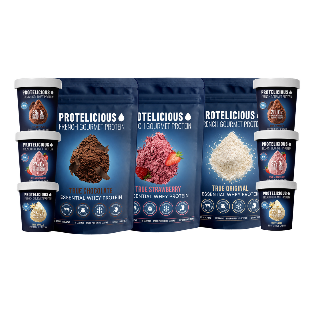 Protelicious bundle: three whey pouches and six ice cream pints