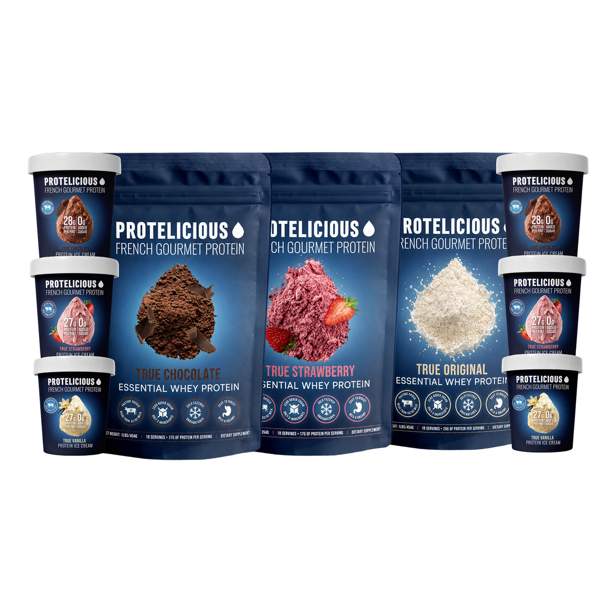 Protelicious bundle: three whey pouches and six ice cream pints