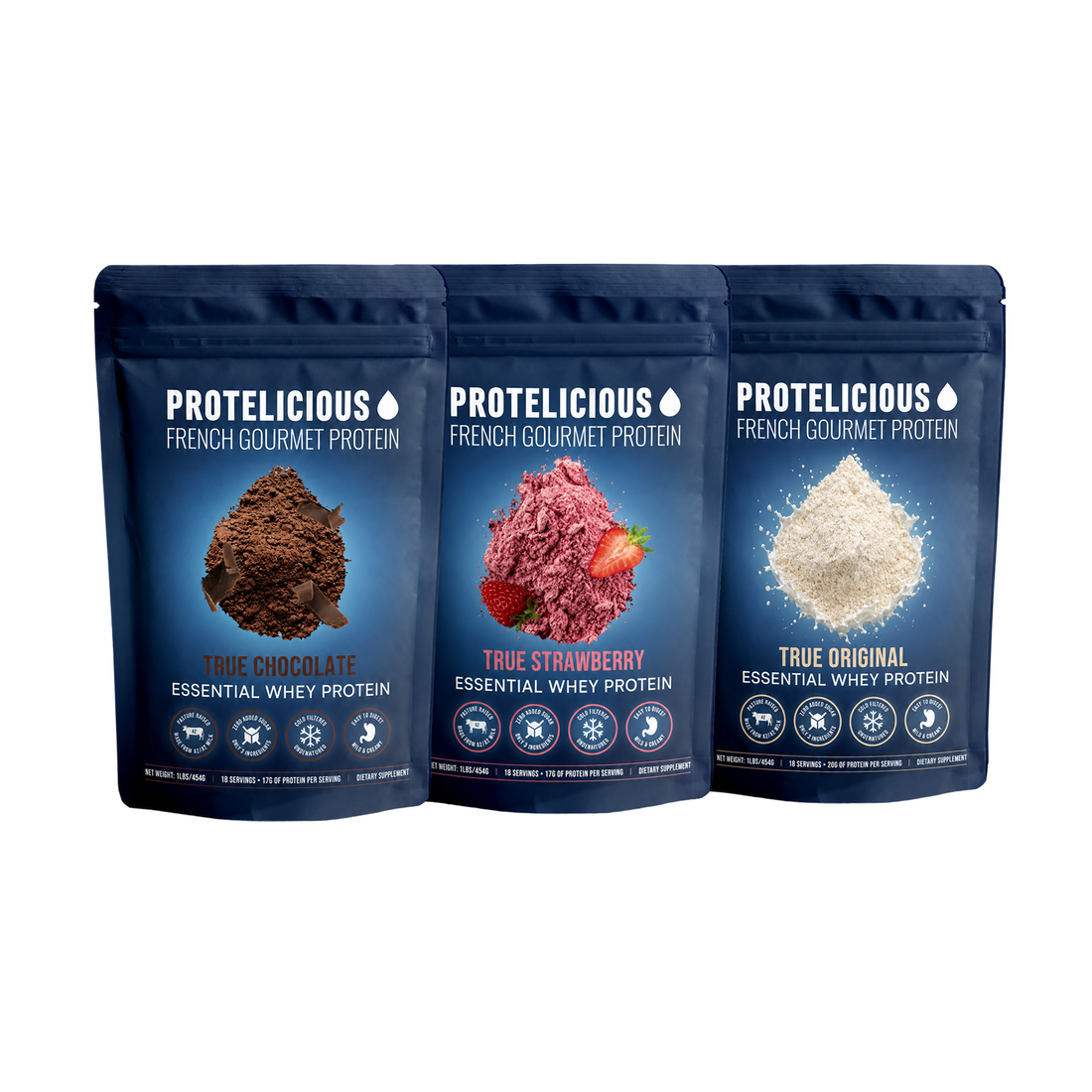Protelicious whey protein trio: chocolate, strawberry, original