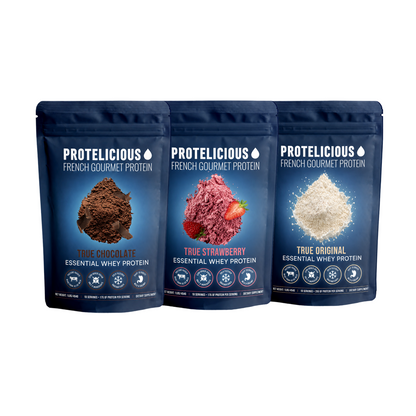 Protelicious whey protein trio: chocolate, strawberry, original