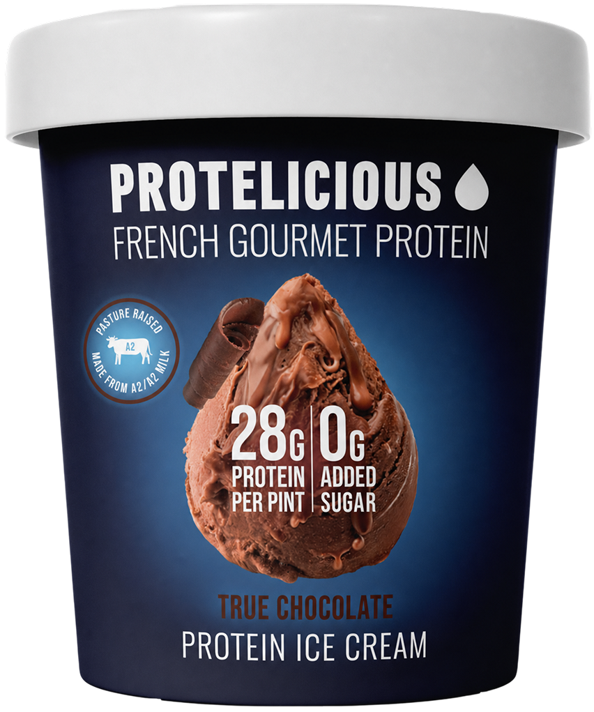 Protelicious True Chocolate protein ice cream, open pint with scoops