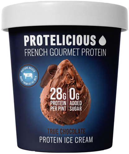Protelicious True Chocolate protein ice cream, open pint with scoops