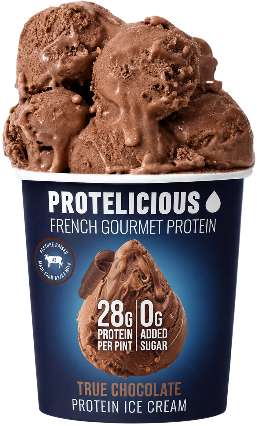 Protelicious True Chocolate protein ice cream, open pint with scoops