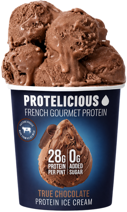 Protelicious True Chocolate protein ice cream, open pint with scoops