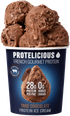 Protelicious True Chocolate protein ice cream, open pint with scoops
