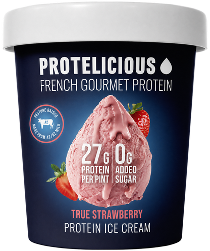 Protelicious True Strawberry protein ice cream, open pint with scoops
