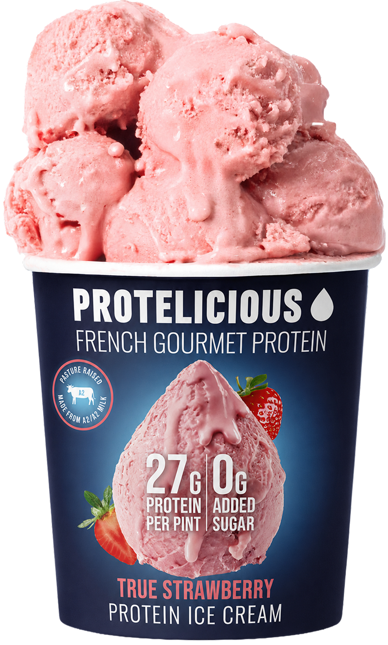 Protelicious True Strawberry protein ice cream, open pint with scoops