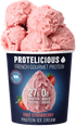 Protelicious True Strawberry protein ice cream, open pint with scoops