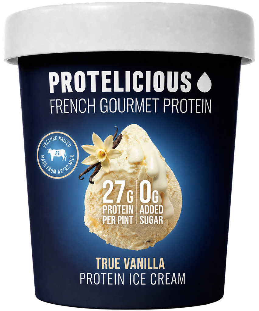 Protelicious True Vanilla protein ice cream, open pint with scoops