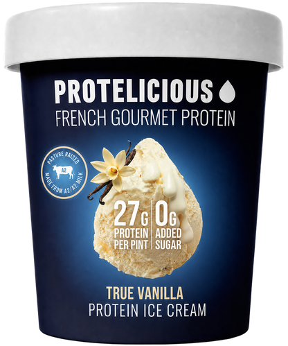 Protelicious True Vanilla protein ice cream, open pint with scoops