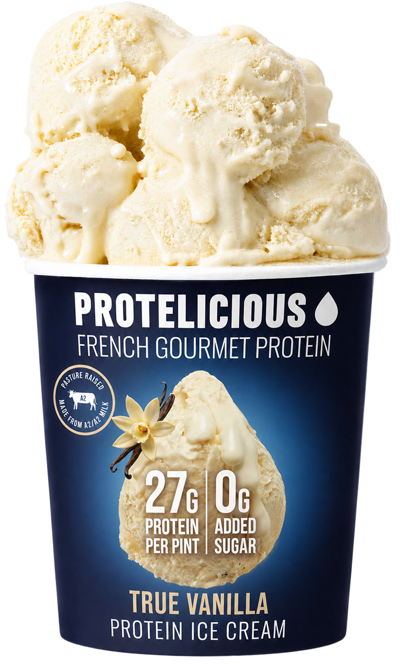 Protelicious True Vanilla protein ice cream, open pint with scoops