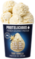 Protelicious True Vanilla protein ice cream, open pint with scoops