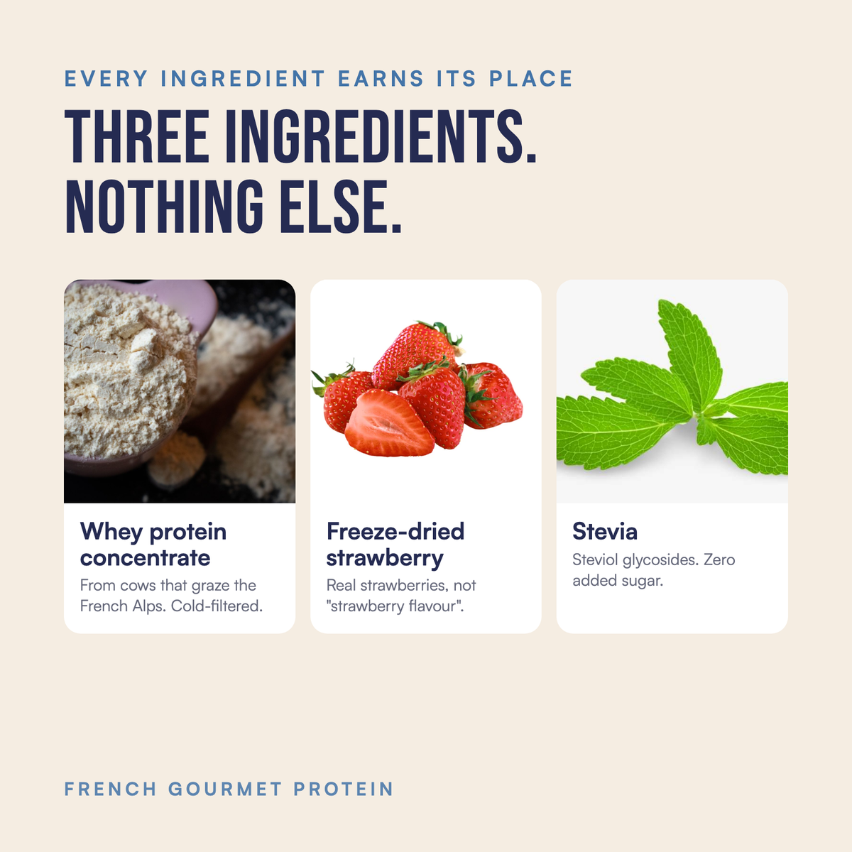 True Strawberry: three ingredients, whey protein concentrate, freeze-dried strawberry, stevia