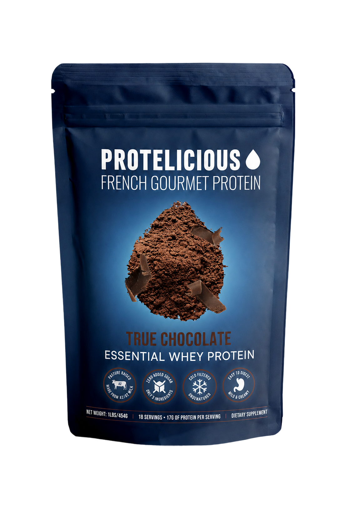 Protelicious True Chocolate essential whey protein, 1lb pouch