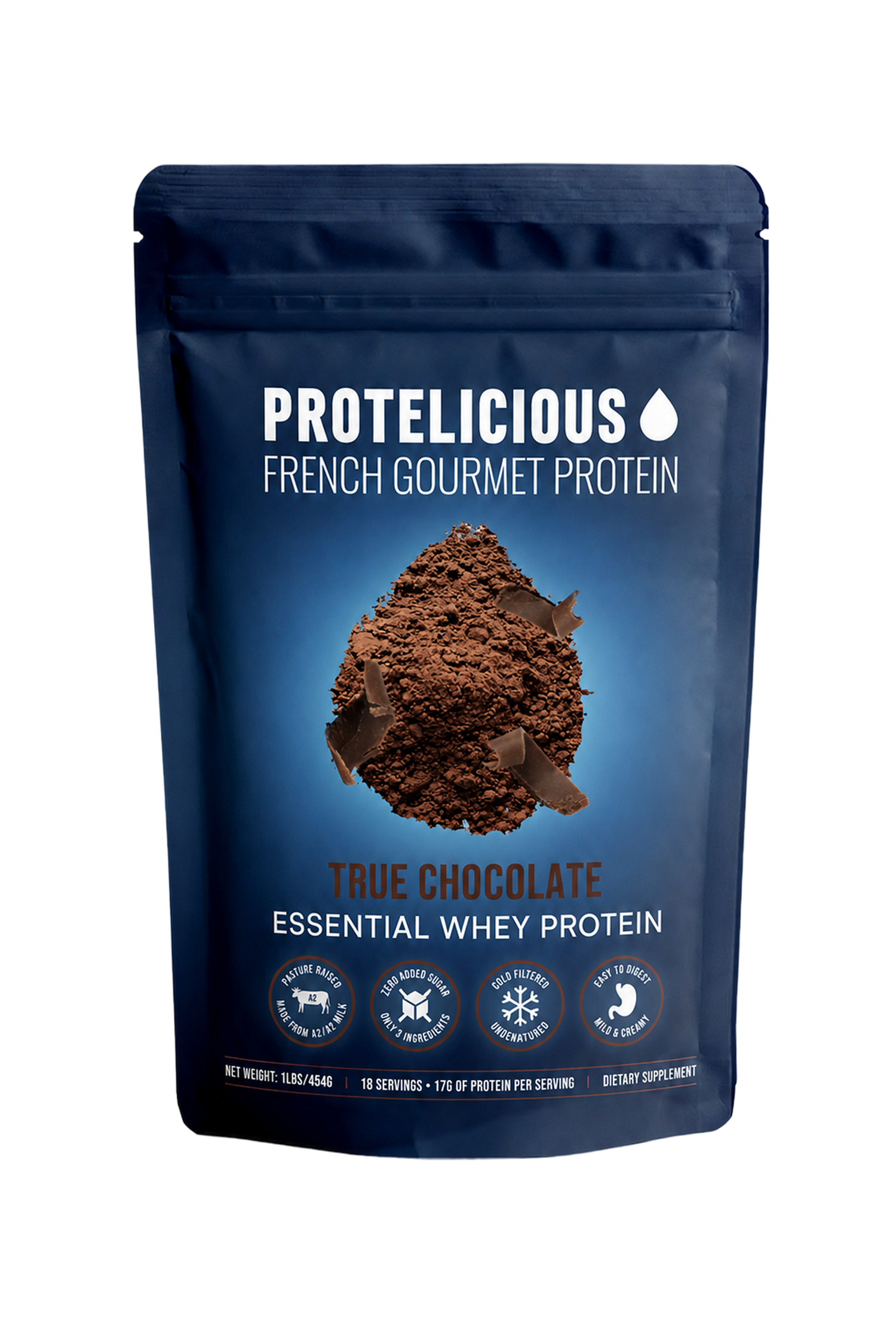Protelicious True Chocolate essential whey protein, 1lb pouch