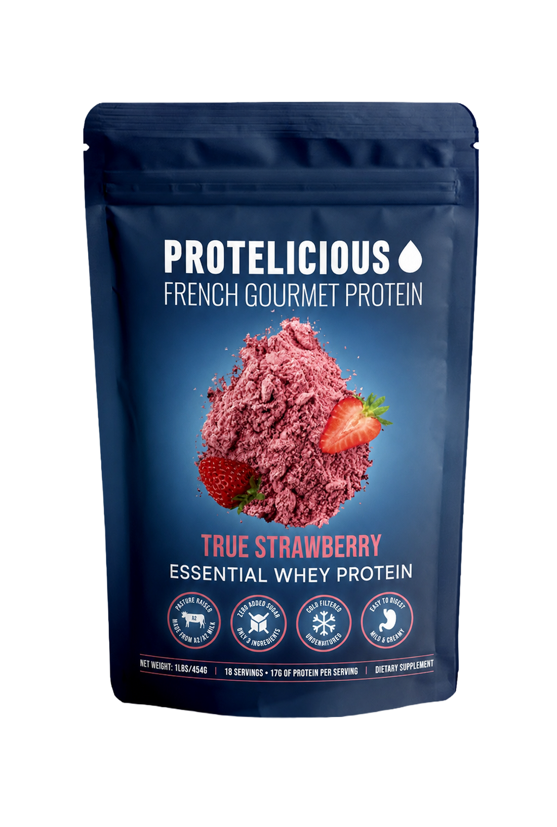 Protelicious True Strawberry essential whey protein, 1lb pouch
