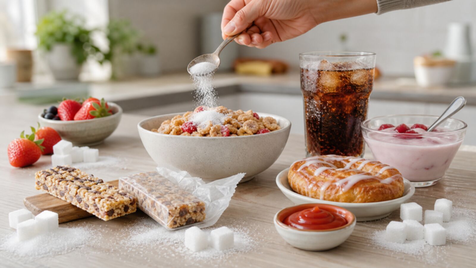 Everyday foods high in added sugar - cereal, soda, pastries and flavored yogurt