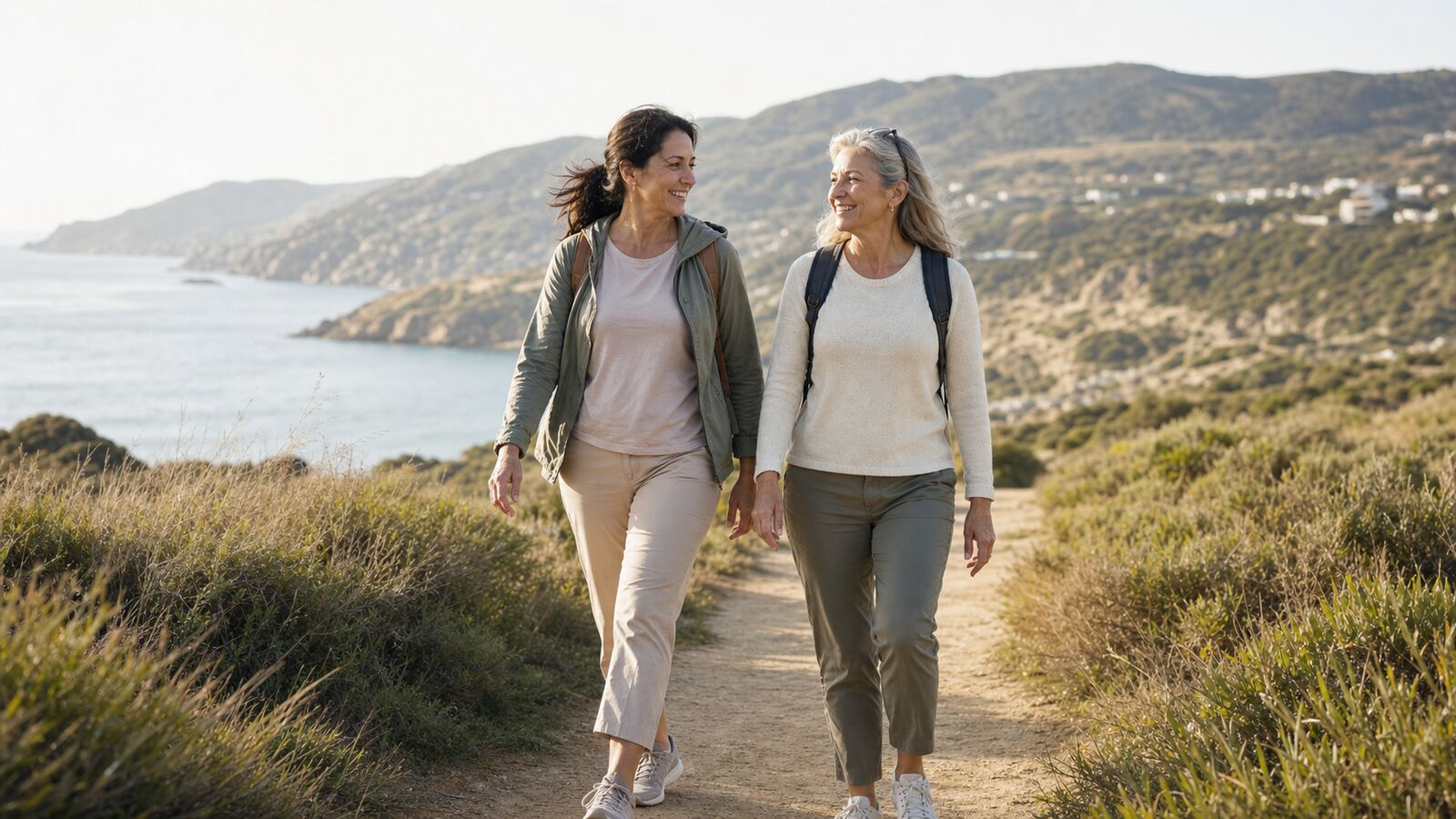 Two women in their 50s hiking a coastal trail