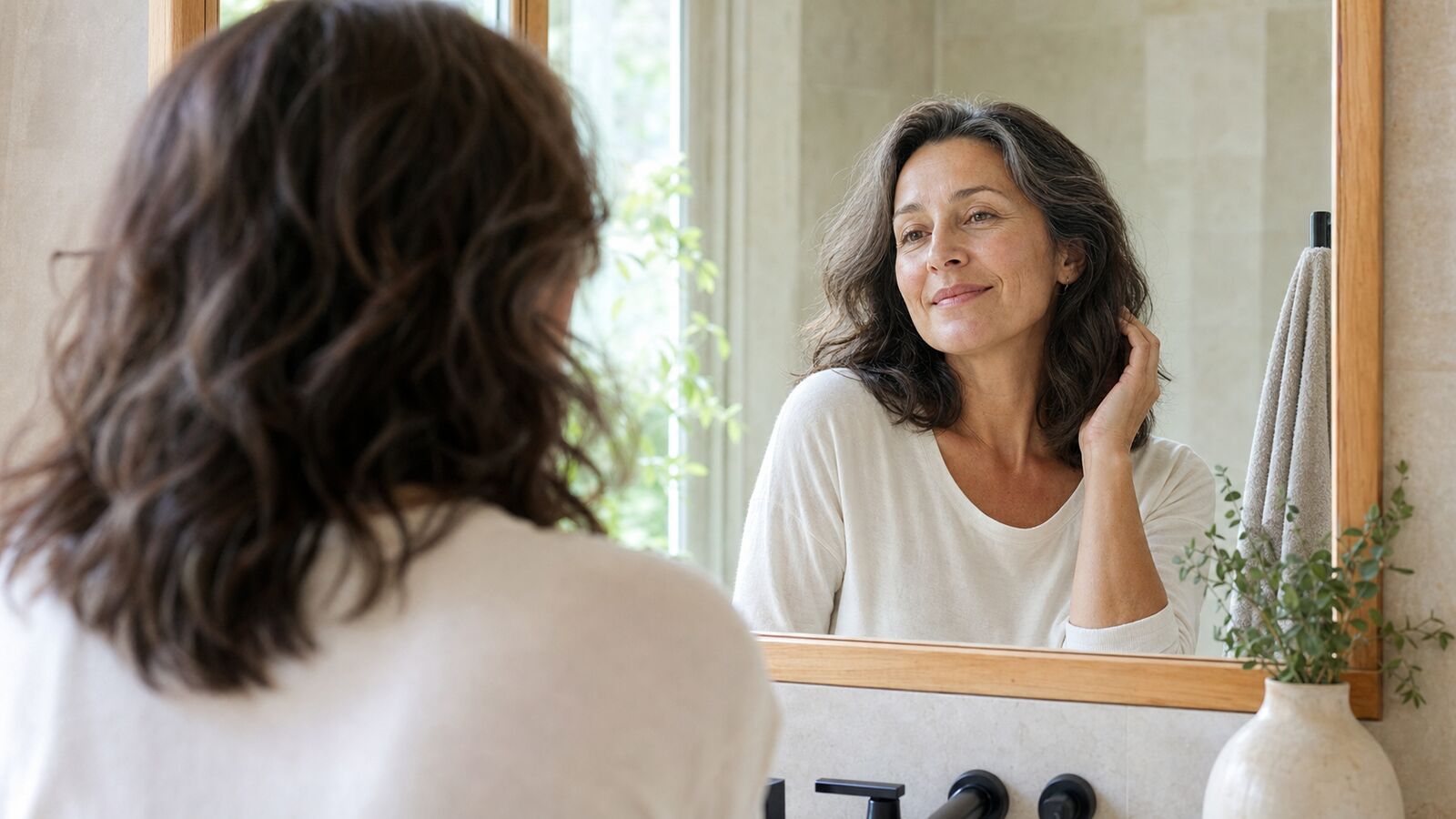 Woman with healthy skin and hair looking in the mirror