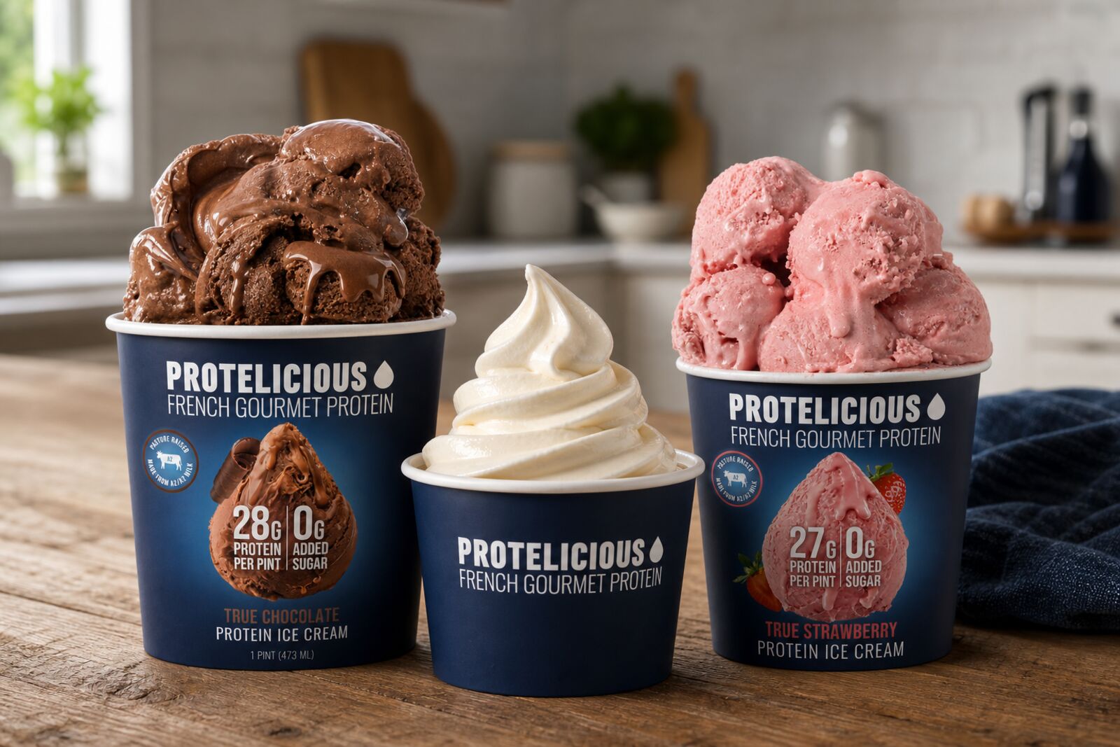Parad'Ice True Chocolate, soft serve and True Strawberry pints on a kitchen table