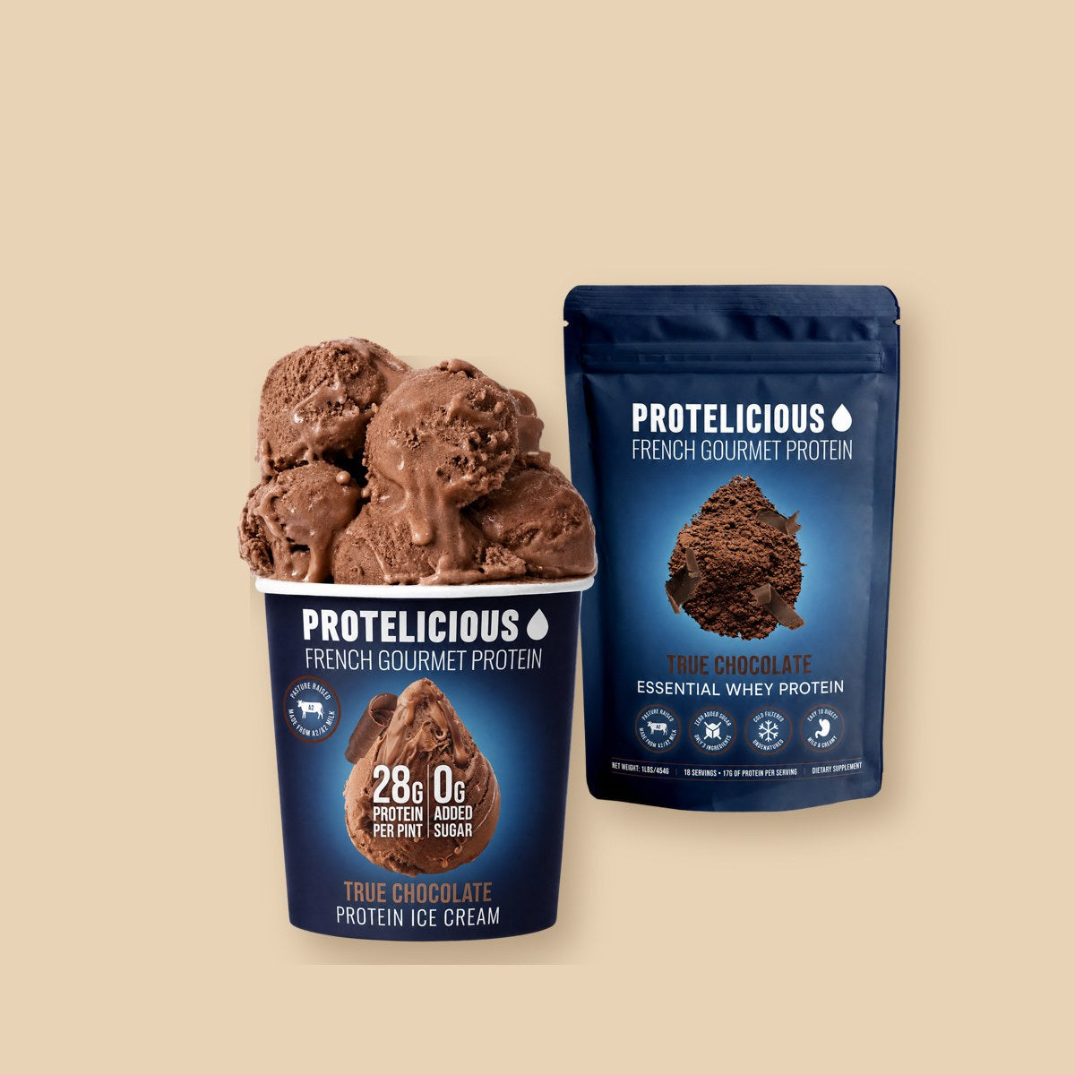 Protelicious True Chocolate whey pouch and an open pint of True Chocolate protein ice cream